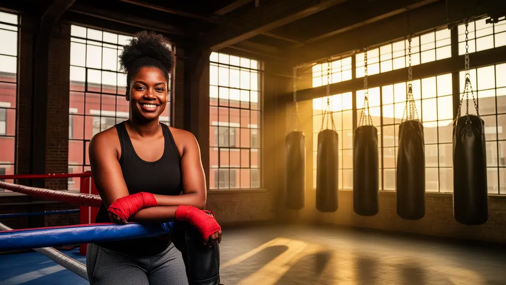 Smiling woman in a black tank top and red hand wraps leaning on boxing ring ropes inside a brick-walled gym